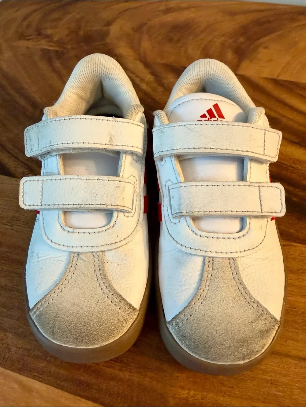 adidas White Kids Sneakers with Red Stripes and Velcro Straps